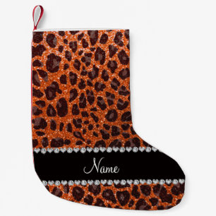 Custom name orange glitter leopard print small christmas stocking