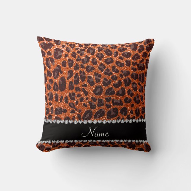 Custom name orange glitter leopard print throw pillow (Front)