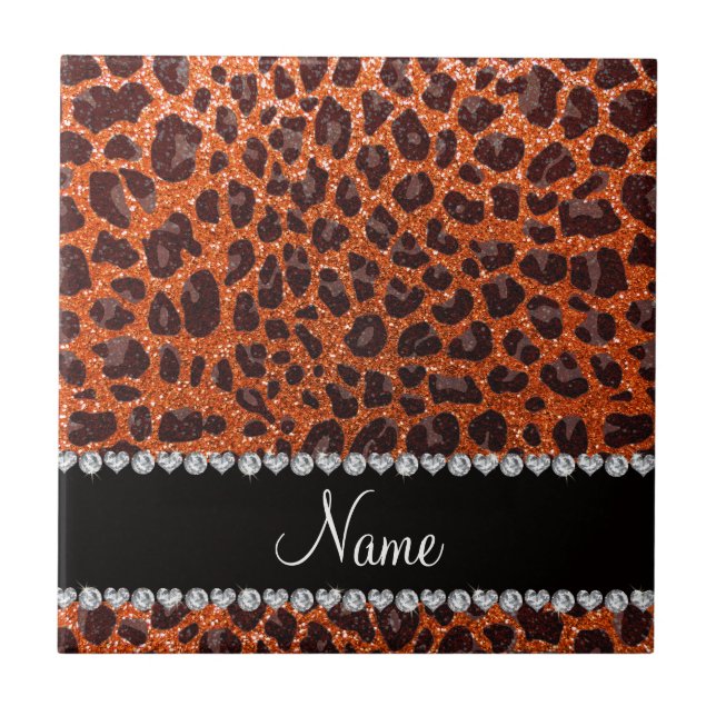 Custom name orange glitter leopard print tile (Front)