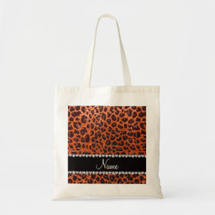 Custom name orange glitter leopard print tote bag