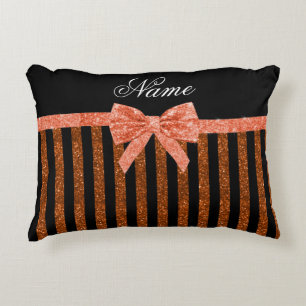Custom name orange glitter stripes bows decorative pillow