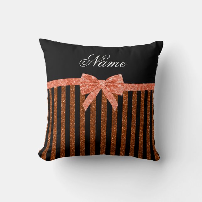 Custom name orange glitter stripes bows throw pillow (Front)