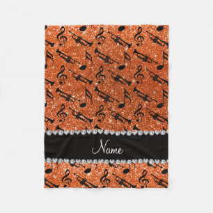 Custom name orange glitter trumpets music notes fleece blanket