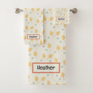 Custom name orange tropical leaves cream bath towel set
