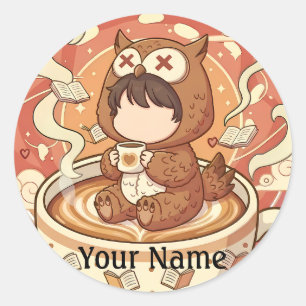 Custom Name Owl Coffee Sticker for Book Lovers