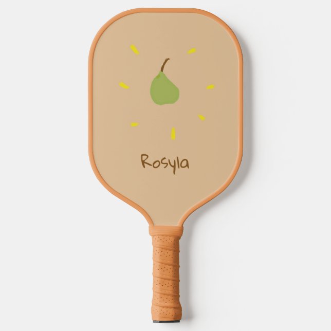 Custom name painted pear on brown pickleball paddle (Front)
