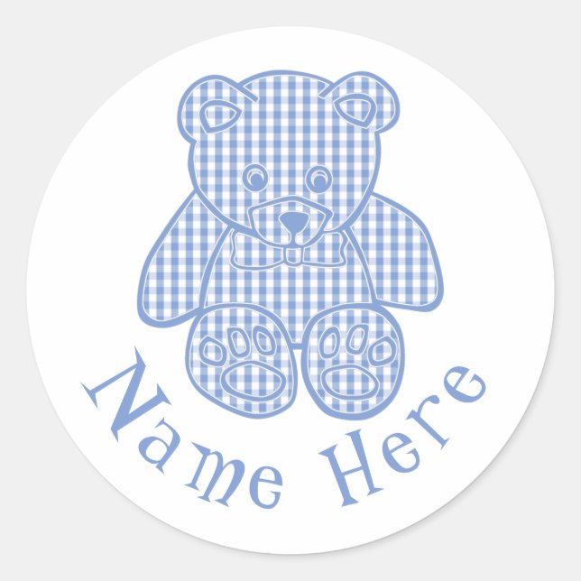 Custom Name Pale Blue Pastel Gingham Teddy Bear Classic Round Sticker (Front)