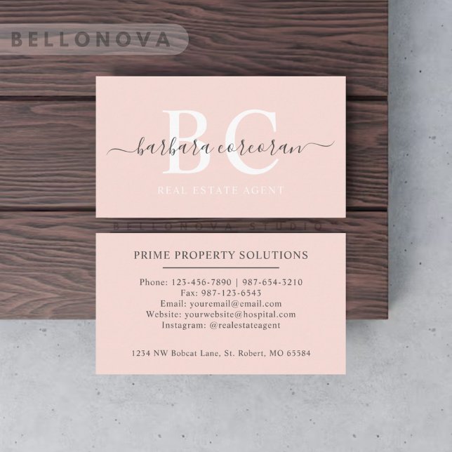 Custom Name Pale Pastel Pink White Black Monogram Business Card (Custom Name Pale Pastel Pink White Black Monogram Business Card)