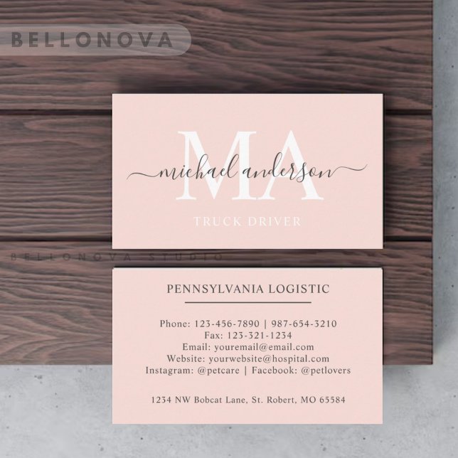 Custom Name Pale Peach Pink White Black Monogram Business Card (Custom Name Pale Peach Pink White Black Monogram Business Card)