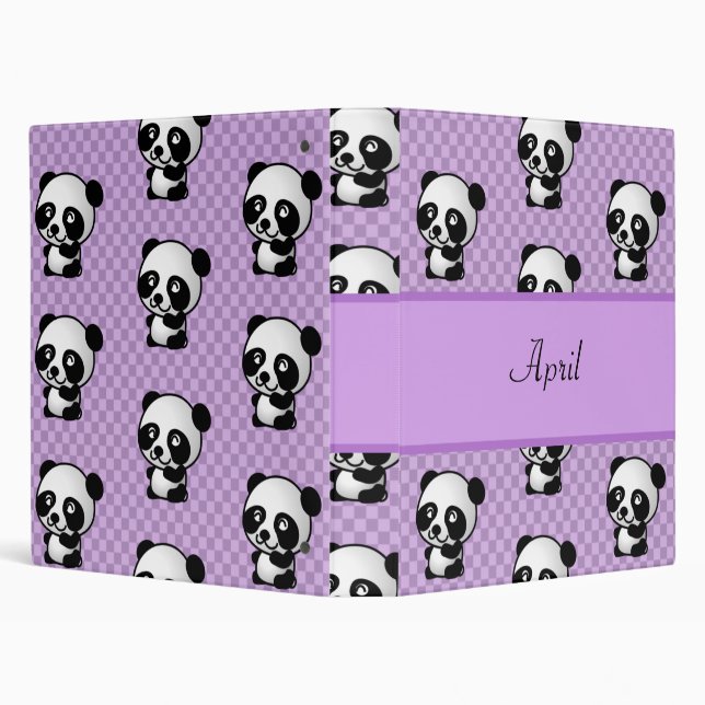 Custom Name Panda Bears on Purple Gingham Binder (Background)