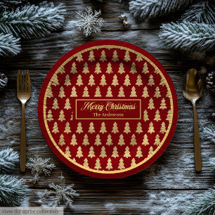Custom Name Paper Plates Elegant Red Gold Trees