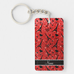 Custom name paris eiffek tower neon red glitter keychain