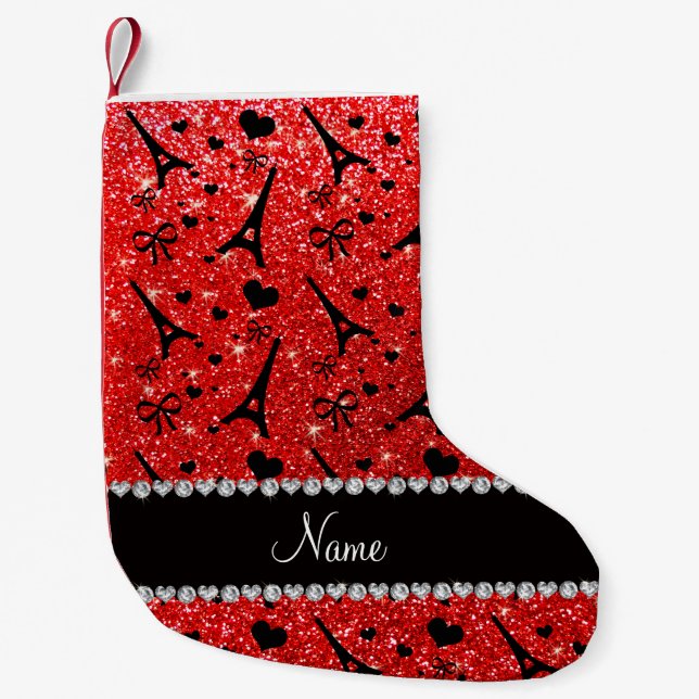 Custom name paris eiffek tower neon red glitter small christmas stocking (Front)