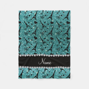 Custom name paris eiffel tower turquoise glitter fleece blanket