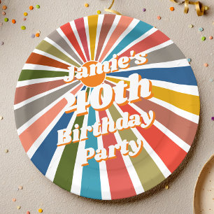Custom Name Party Table Decor Fun Retro Rainbow Paper Plate