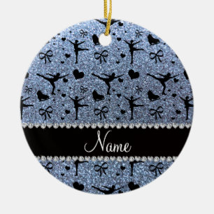 Custom name pastel blue glitter figure skating ceramic ornament