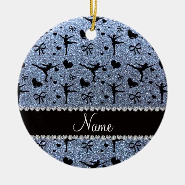 Custom name pastel blue glitter figure skating ceramic ornament (Front)