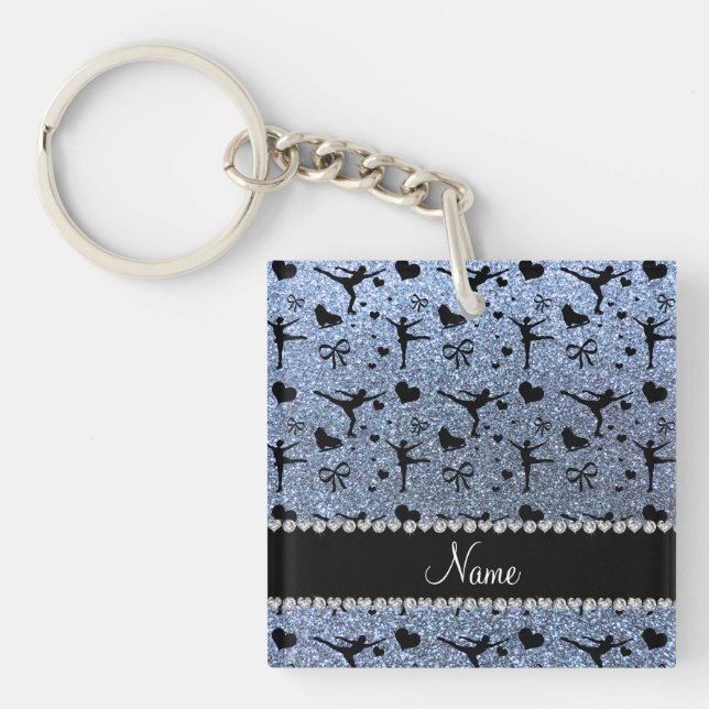Custom name pastel blue glitter figure skating keychain (Front)