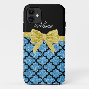 Custom name pastel blue glitter moroccan gold bow iPhone 11 case