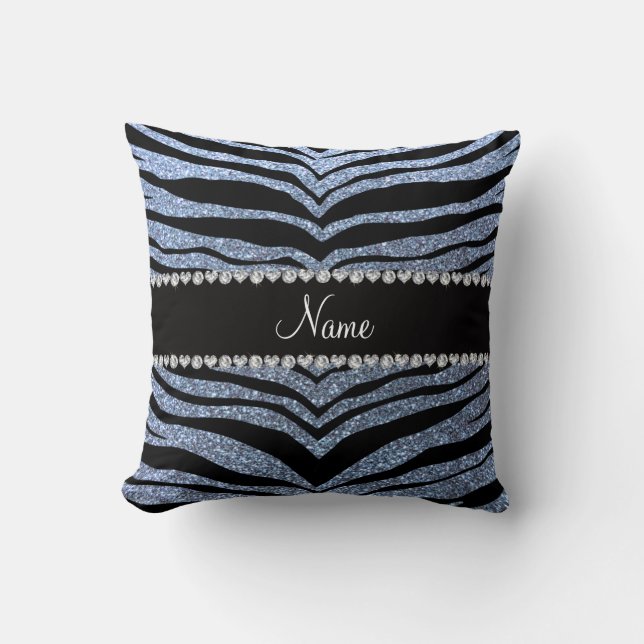 Custom name pastel blue glitter tiger stripes throw pillow (Front)