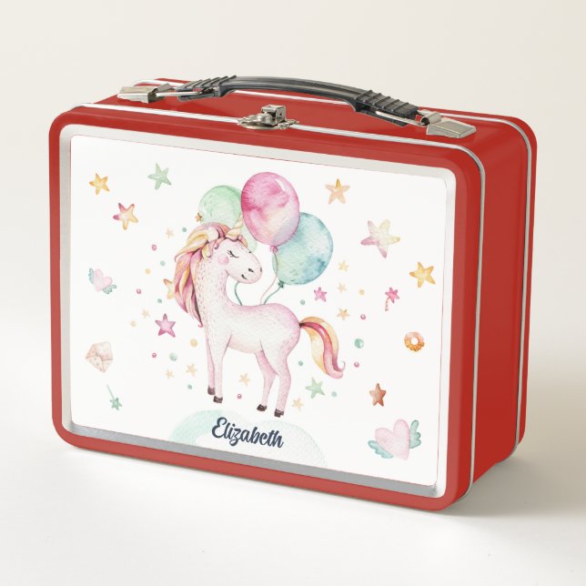 Custom Name Pastel Fairy Balloon Girls Unicorn Metal Lunch Box (Front)