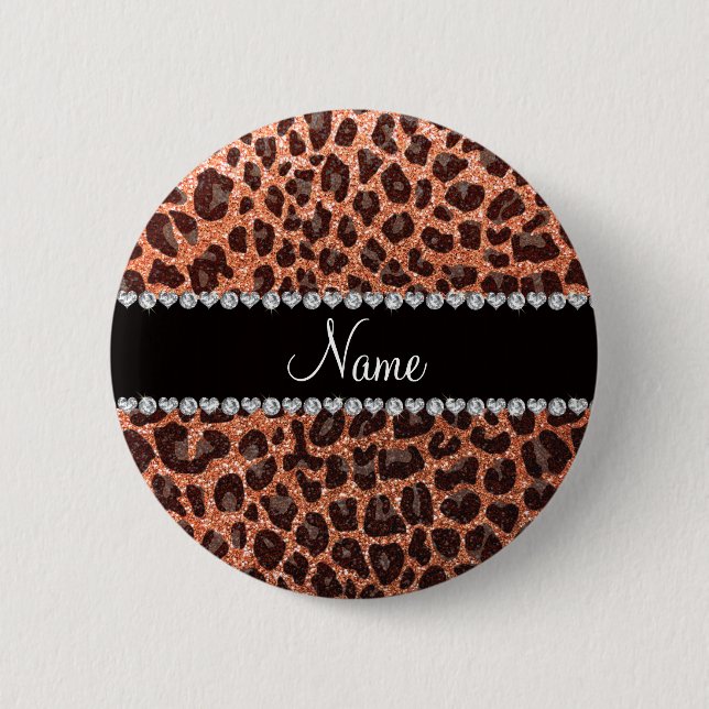 Custom name pastel orange glitter leopard print 2 inch round button (Front)