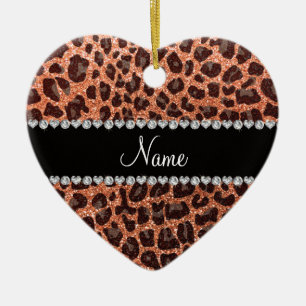 Custom name pastel orange glitter leopard print ceramic ornament