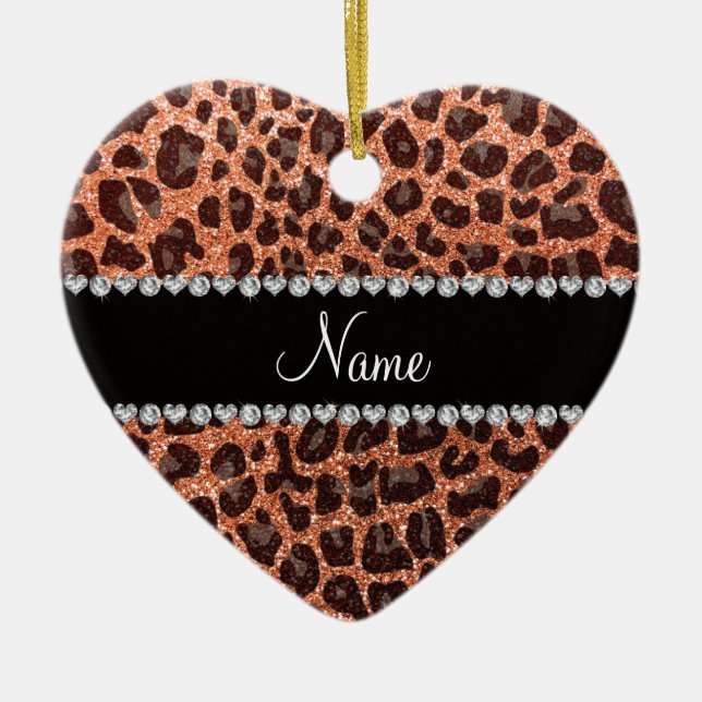Custom name pastel orange glitter leopard print ceramic ornament (Front)