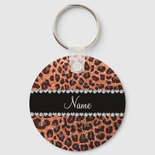 Custom name pastel orange glitter leopard print keychain