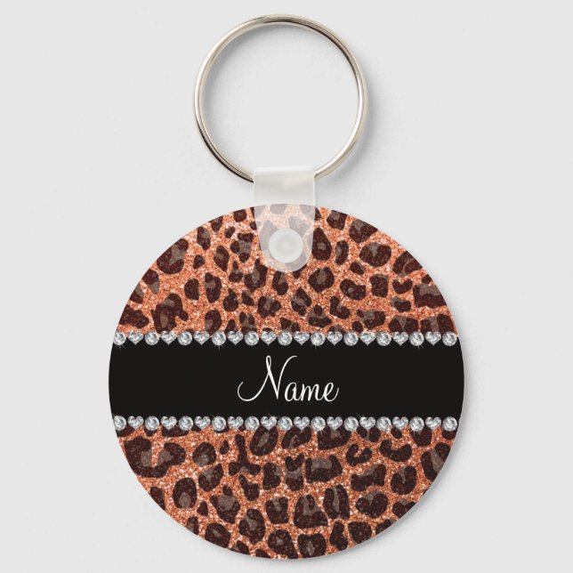 Custom name pastel orange glitter leopard print keychain (Front)