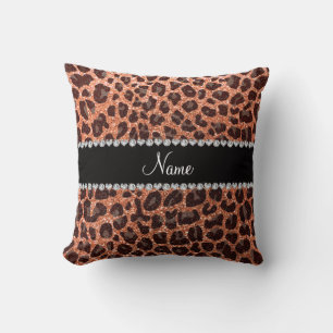 Custom name pastel orange glitter leopard print throw pillow