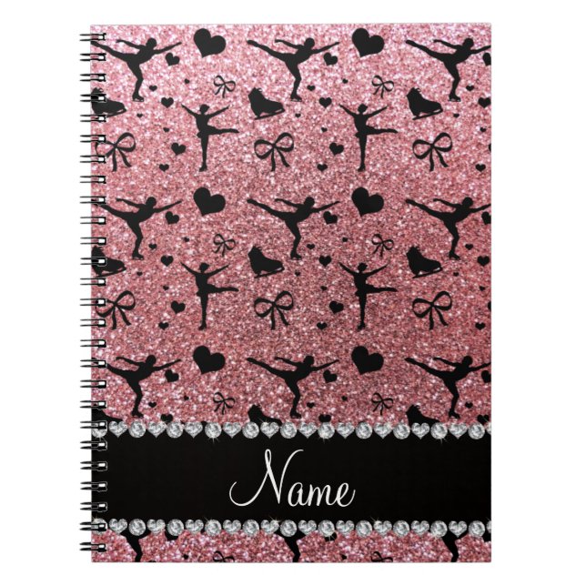 Custom name pastel pink glitter figure skating notebook (Front)