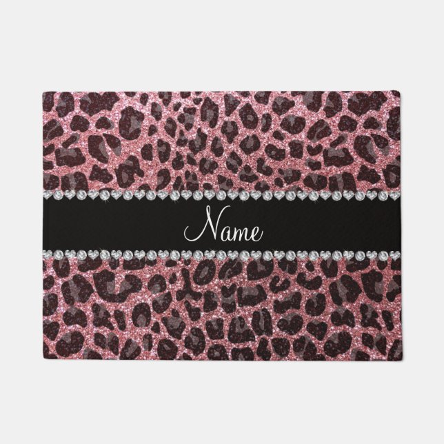 Custom name pastel pink glitter leopard print doormat (Front)