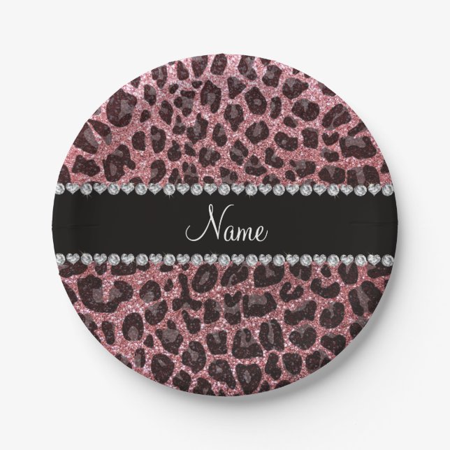 Custom name pastel pink glitter leopard print paper plate (Front)