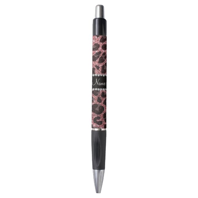 Custom name pastel pink glitter leopard print pen (Front Vertical)