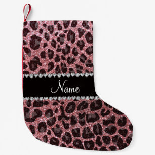 Custom name pastel pink glitter leopard print small christmas stocking
