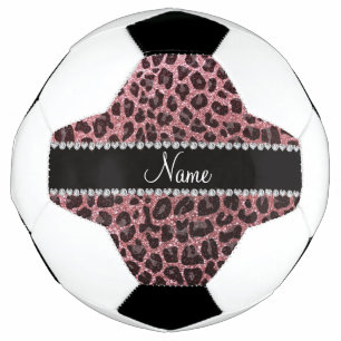 Custom name pastel pink glitter leopard print soccer ball