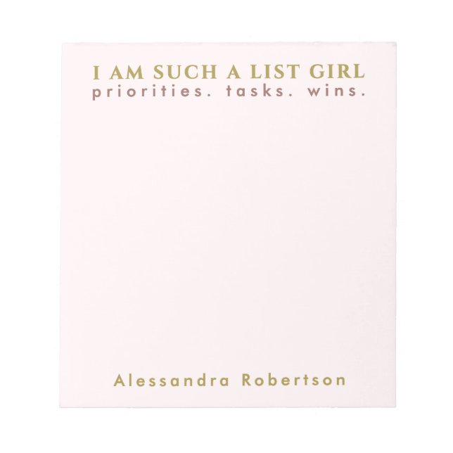 Custom Name Pastel Pink Gold Typography Minimalist Notepad (Front)
