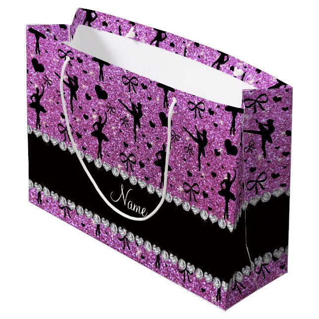 Custom name pastel purple glitter ballerinas large gift bag (Back Angled)