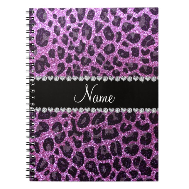 Custom name pastel purple glitter leopard print notebook (Front)