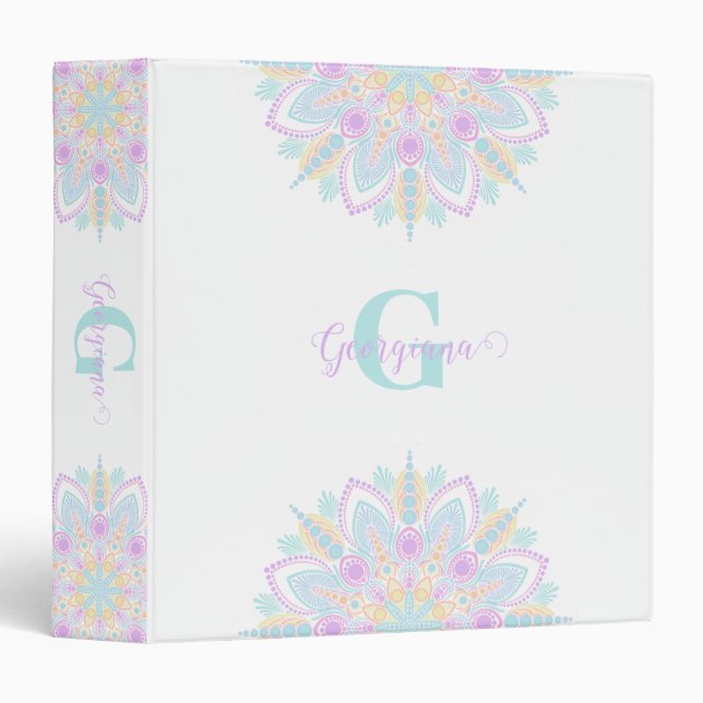 Custom Name Pastel Rainbow Floral Sundae Mandala Binder (Front/Spine)
