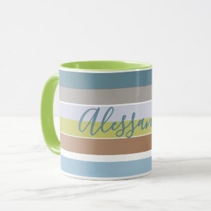 Custom Name Pastel Stripes Minimalist Blue Brown Mug