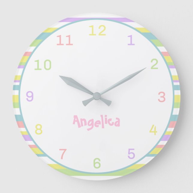 Custom Name Pastel Stripes Wall Clock For Nursery (Front)
