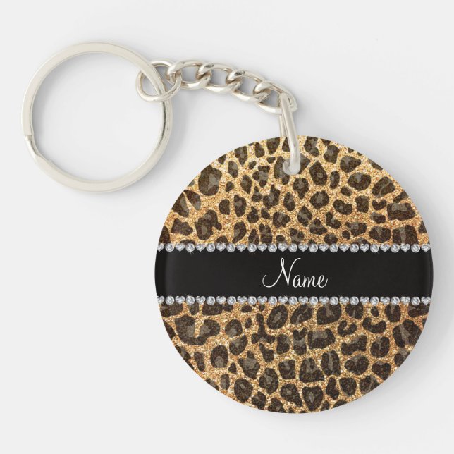 Custom name pastel yellow glitter leopard print keychain (Front)