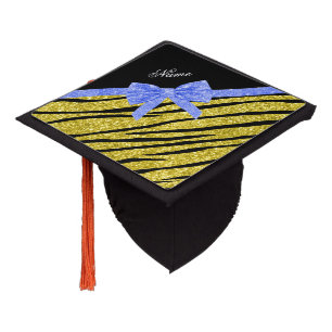 Custom name pastel yellow glitter zebra stripes graduation cap topper