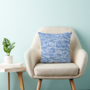 Custom Name Pattern allover Cornflower Blue Colour Throw Pillow