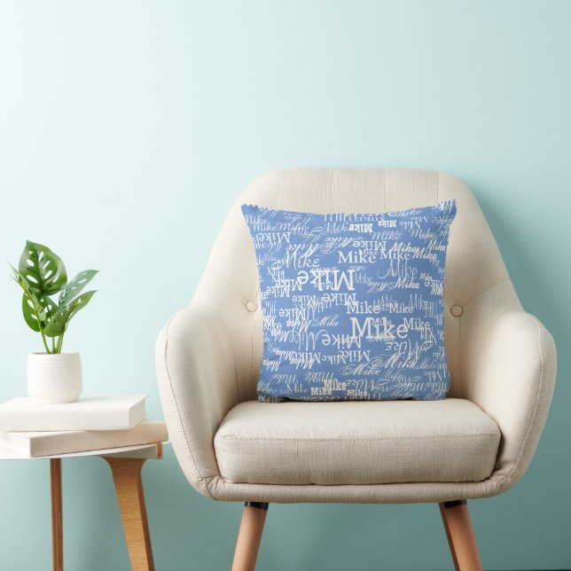 Custom Name Pattern allover Cornflower Blue Colour Throw Pillow (Chair)