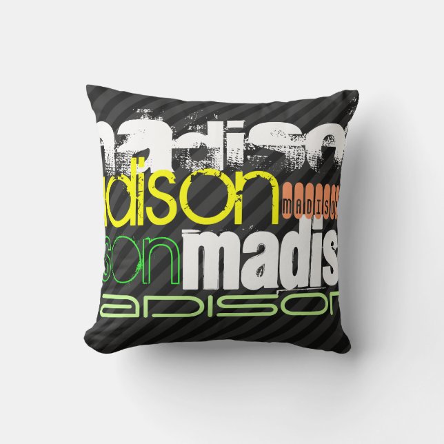 Custom Name Pattern on Black & Grey Stripes Throw Pillow (Front)