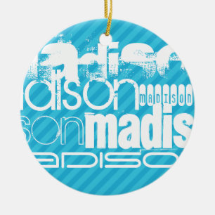 Custom Name Pattern; Sky Blue Stripes Ceramic Ornament