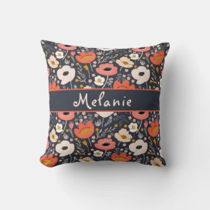 Custom name pattern with flowers and leaves throw pillow